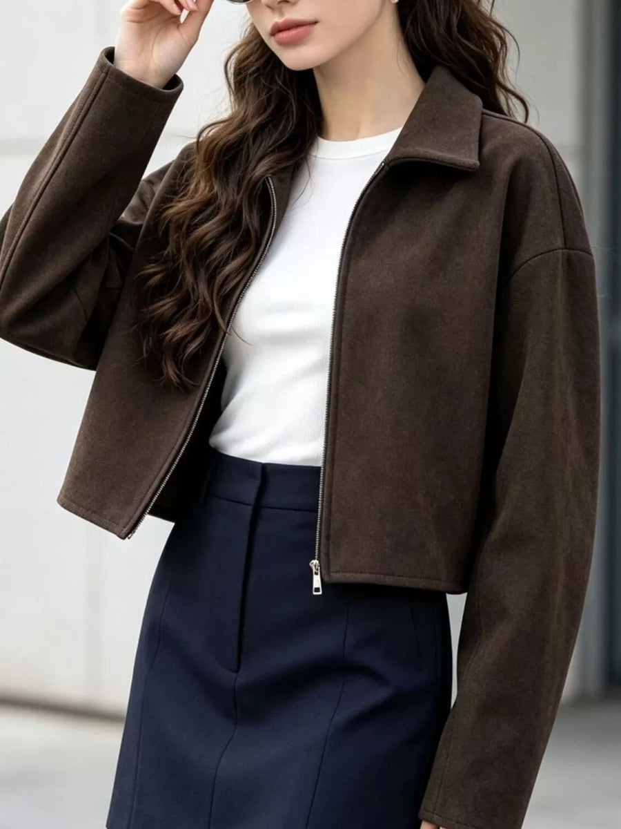dark brown jacket with cropped and zip-front