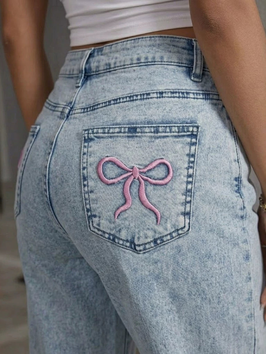 High-Waisted Acid Wash Straight Leg Jeans in light blue with high-waisted