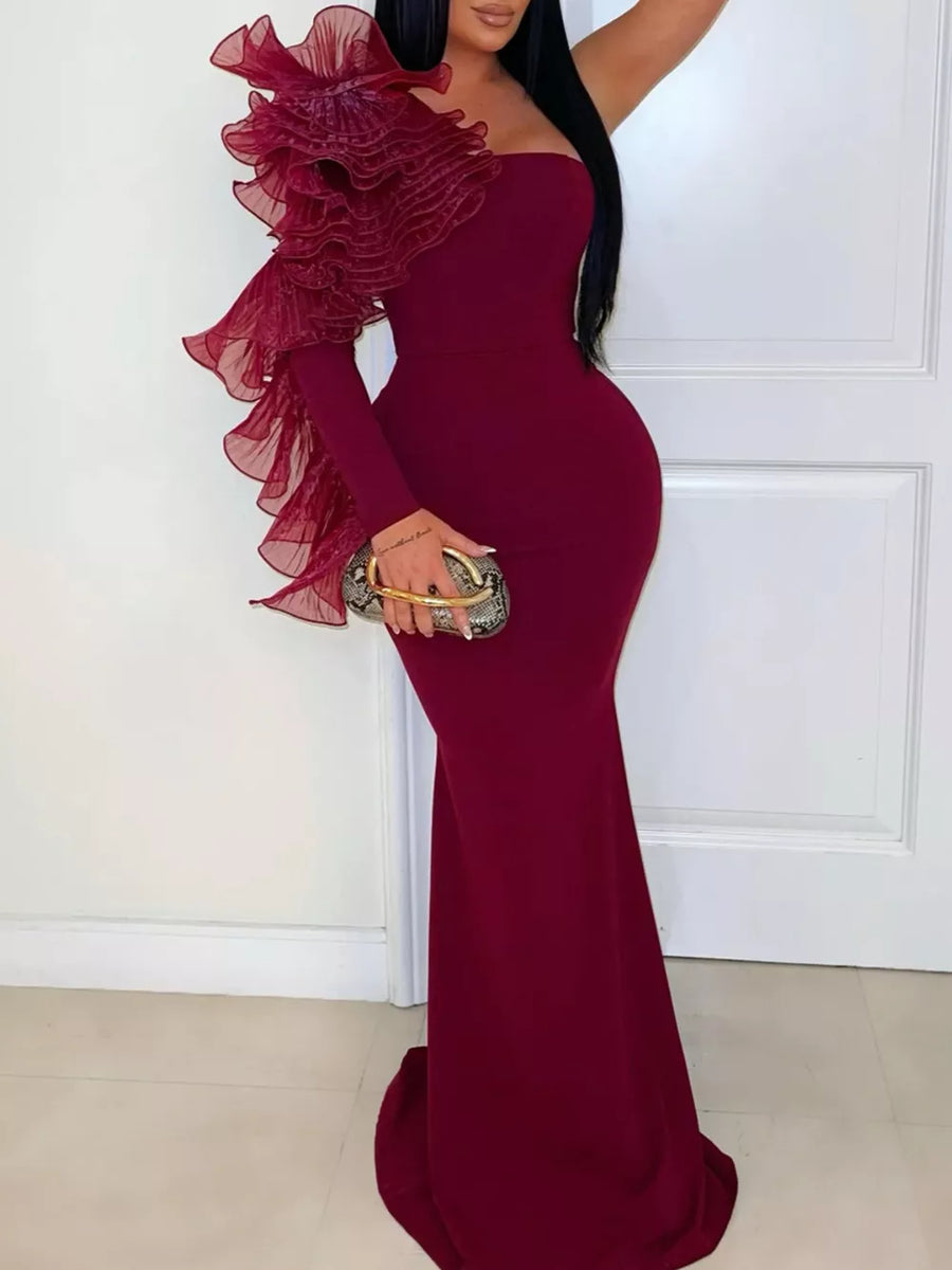 black flared formal gown with one-shoulder