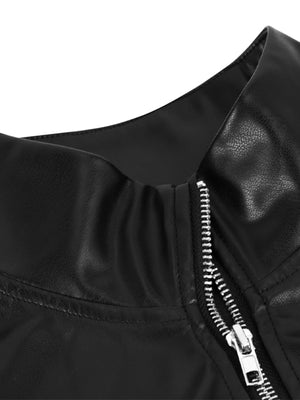 Black faux leather zip-up jacket with a silver zipper detail.