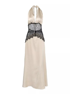 maxi dress in ivory with halter and sleeveless