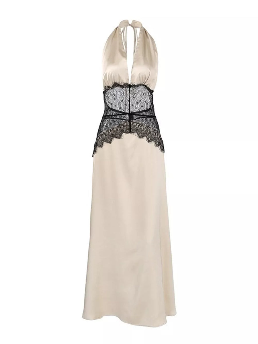 maxi dress in ivory with halter and sleeveless