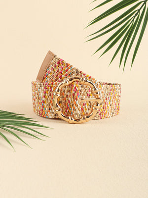 Woven raffia belt in multicolor with a sculpted gold buckle and tan leather trim.