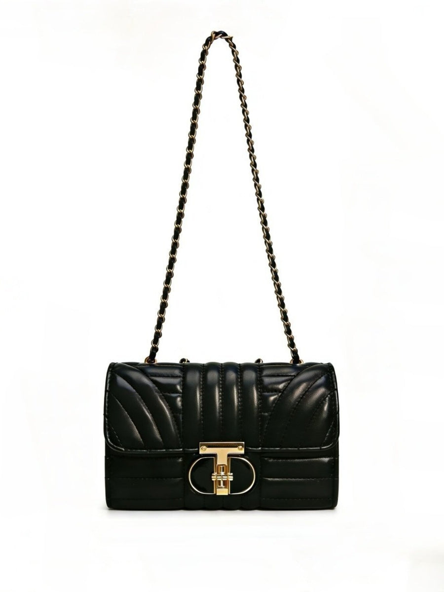 Quilted Chain Shoulder Bag With Metallic Lock in Black with quilted
