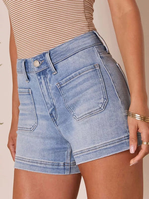 Light blue denim shorts with utility pockets and high waist.