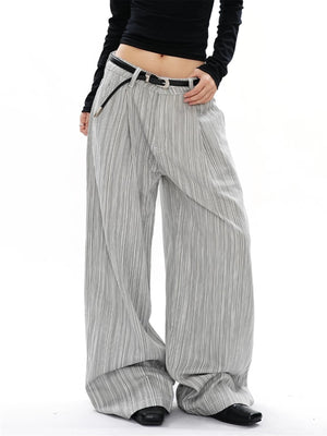 Men's grey striped wide-leg sweatpants with a relaxed fit and pleated texture.