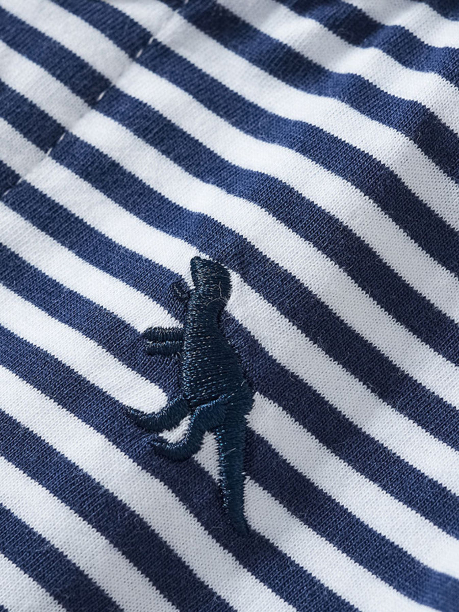 Toddler polo shirt and shorts set in navy and white stripes with dinosaur embroidery.