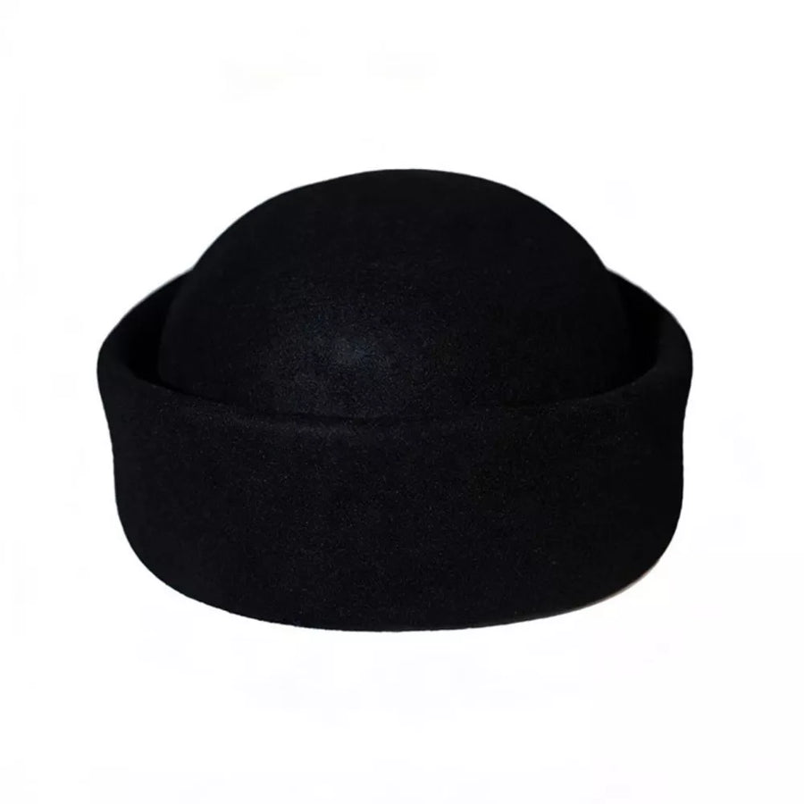 Black wool pillbox hat with a rounded crown and flat brim.