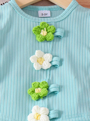 Green with Children's Ribbed Knit Flower Top And Shorts Set