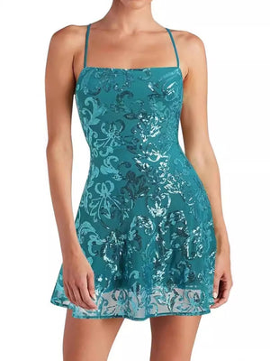 Gold mini dress with back-zip and floral