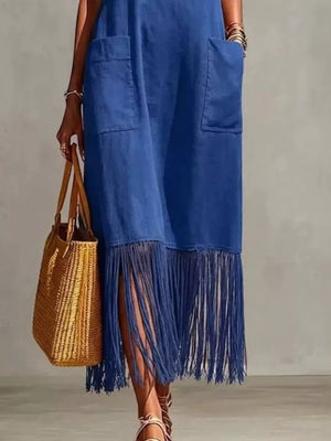 Full Size Fringe V-neck Spaghetti Strap Dress in Yellow