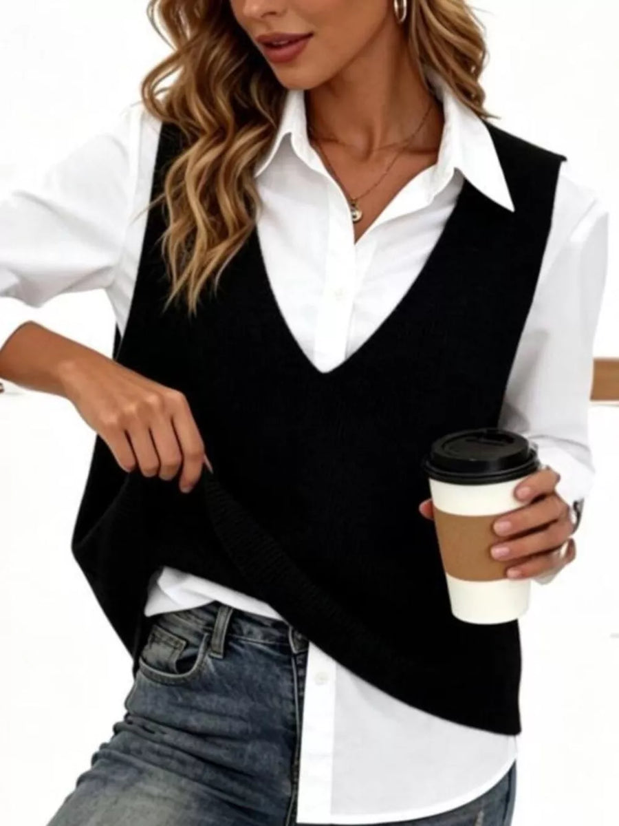 Black Chic V-neck Sleeveless Knit Sweater Vest Plus Size