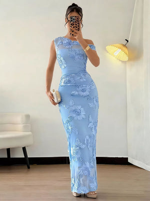 sky blue maxi dress with floral and one-shoulder