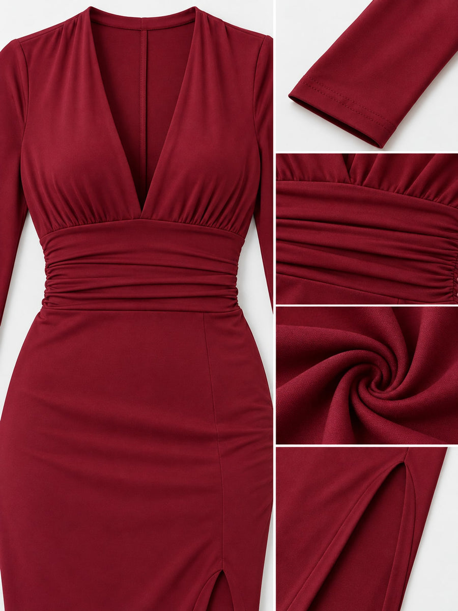 Deep V-Neck Ruched Bodycon Midi Dress in chocolate brown with slit