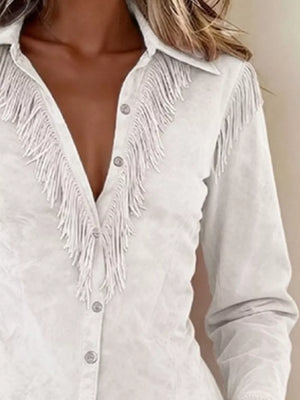 Pink button-up shirt with hip-length and button-front