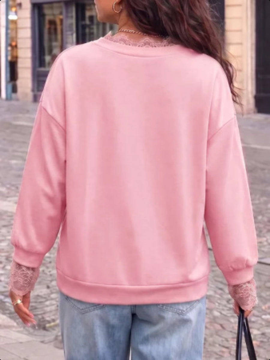 sweatshirt in White with lace trim and hip-length