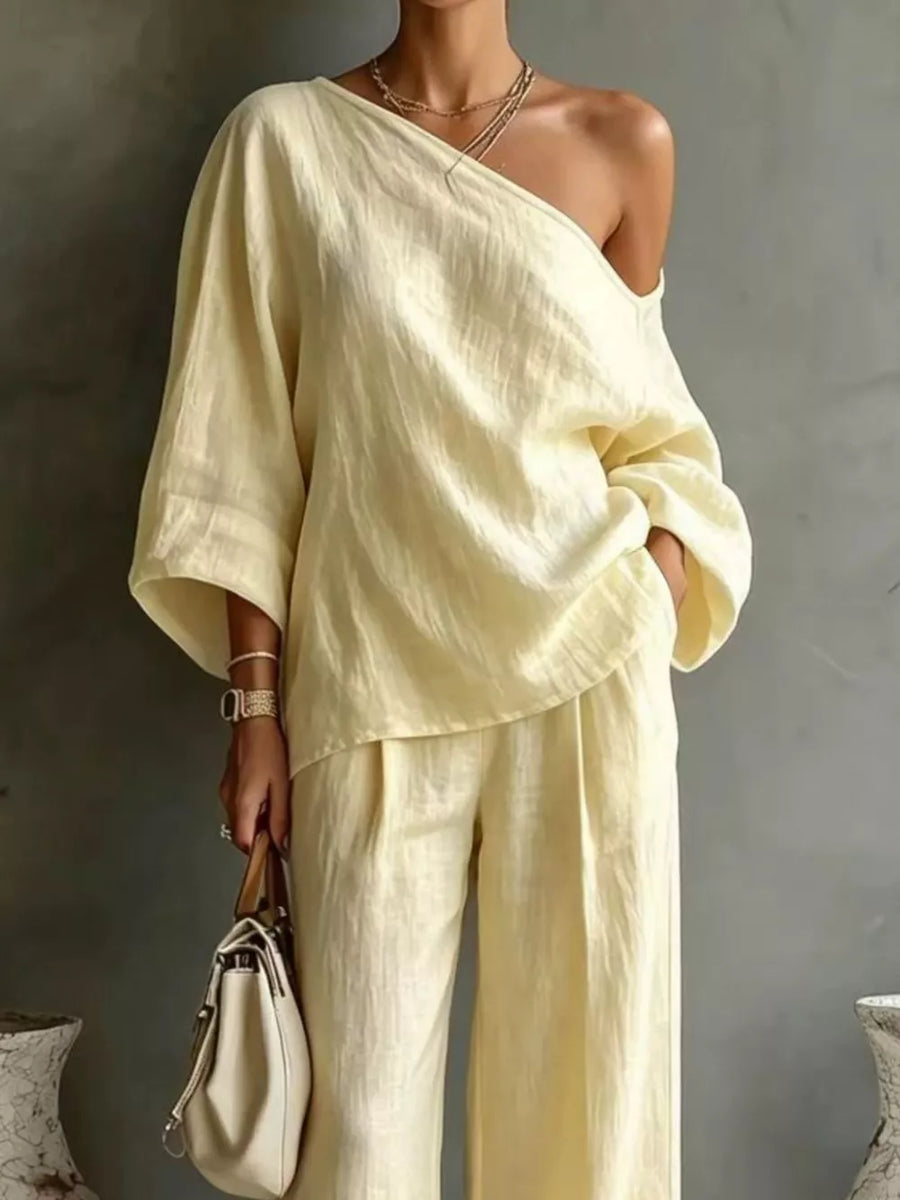 One Shoulder Top And Wide Leg Pants Set in Peach Color with pocketed