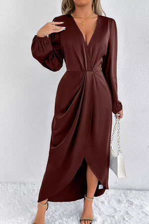 Coffee Brown midi dress with stretch and balloon sleeve