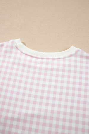 white pajama set with pullover, drawstring, elastic and gingham