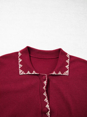 Bow Pocket Collar Long Sleeve Knit Cardigan in burgundy