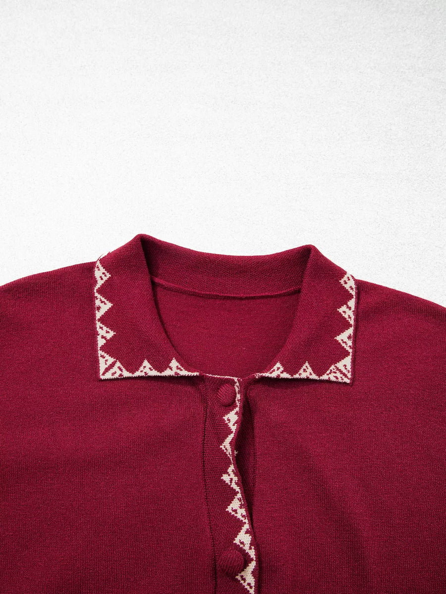 Bow Pocket Collar Long Sleeve Knit Cardigan in burgundy