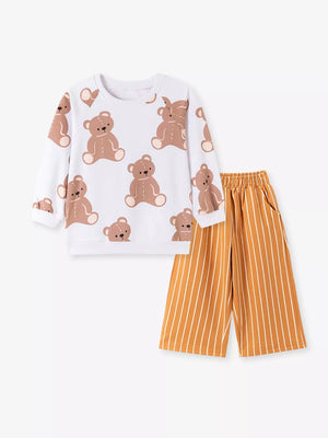 mustard lounge set featuring two-piece and bear print and striped