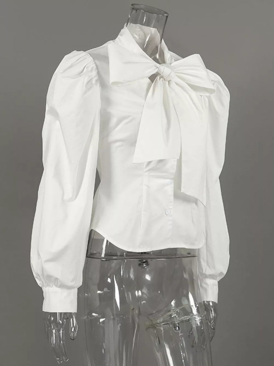 optic white blouse with puffed sleeves and puff sleeve