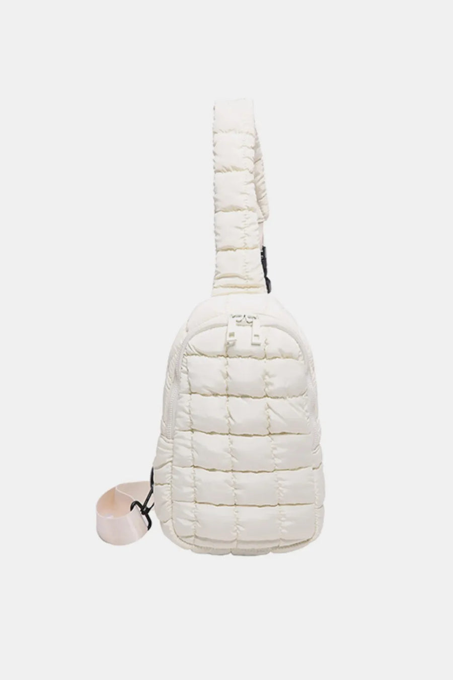 Padded sling bag in ivory with quilted texture and top handle