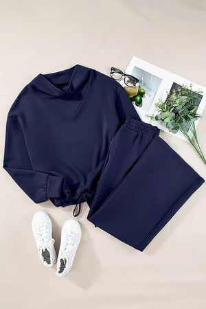 navy blue lounge set with elastic waist and long sleeve