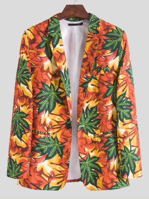 orange blazer with leaf-print and notch lapel