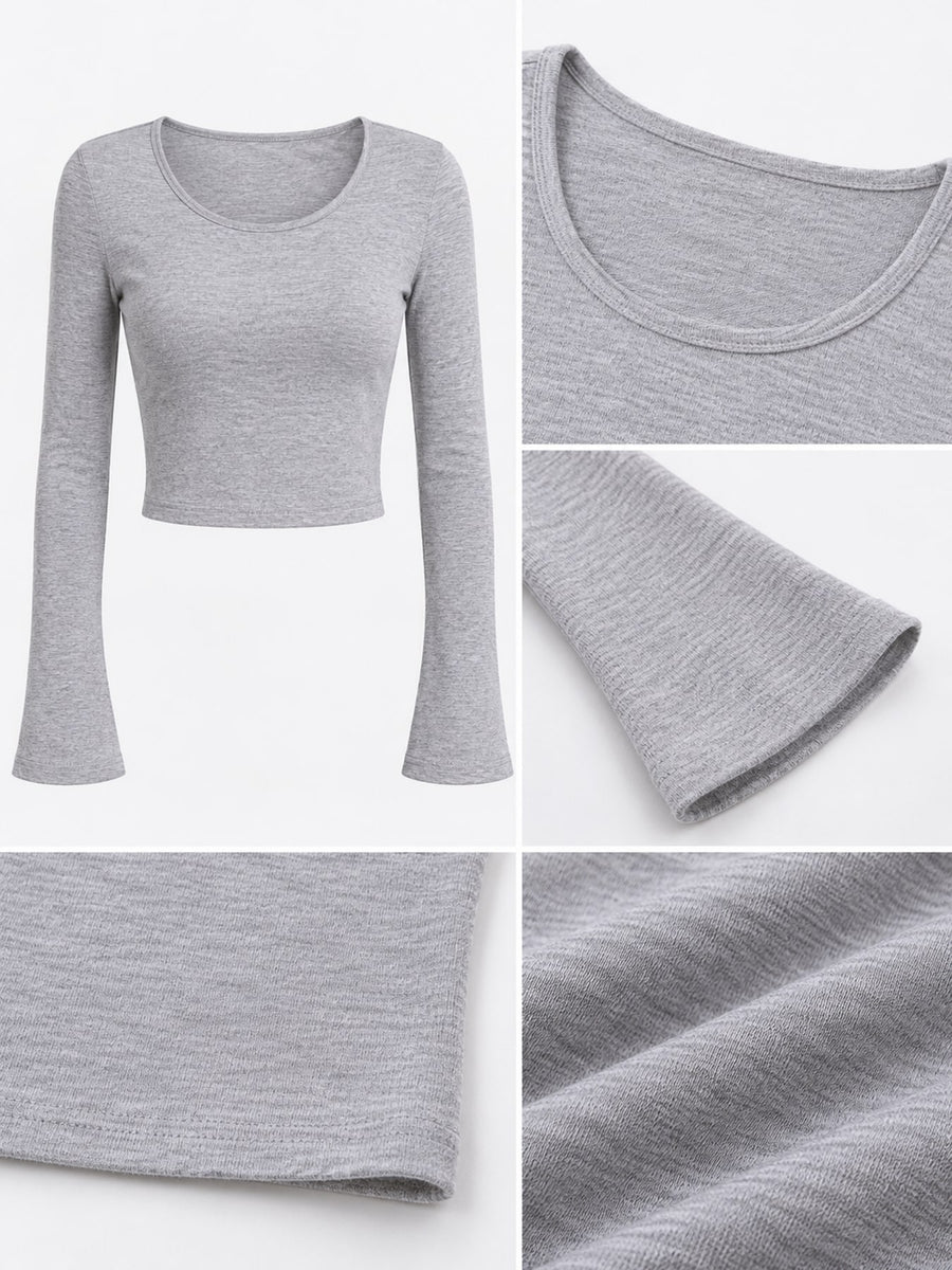 Slim-Fit Long Sleeve Cropped U-Neck T-Shirt in White with stretch