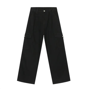 Black wide-leg cargo trousers with front pleats and button-flap side pockets.