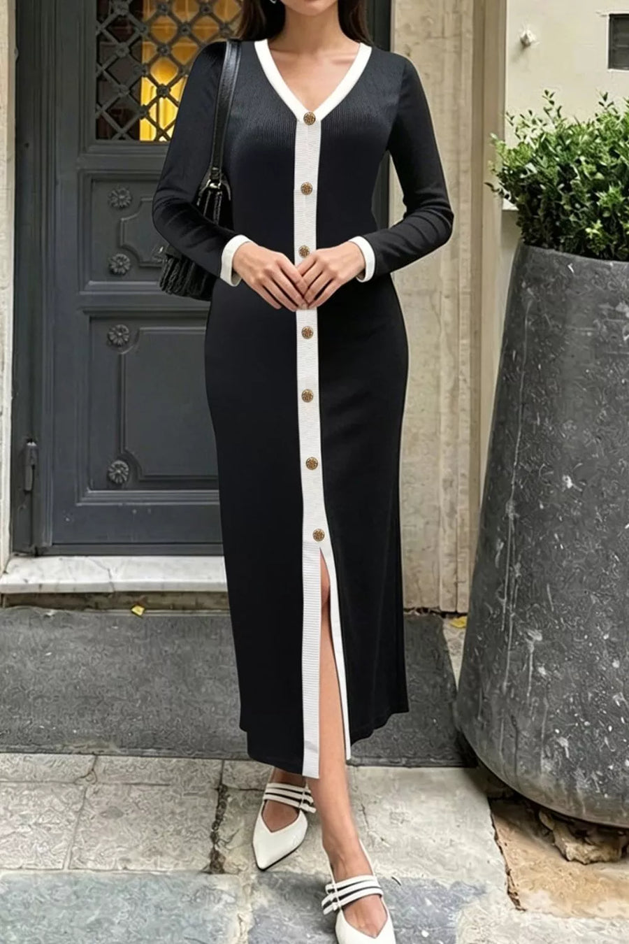 Black with Contrast Trim V-neck Knit Dress