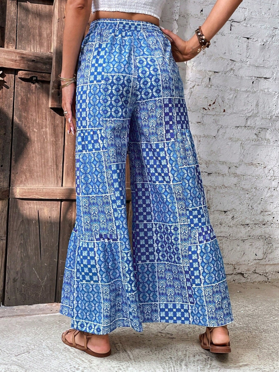 Blue wide-leg pants with ankle-length and drawstring