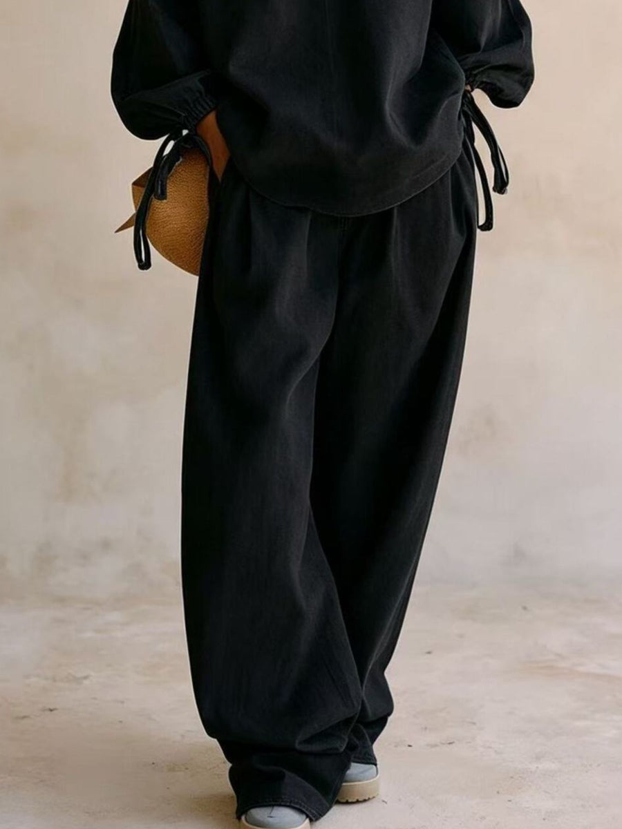 Relaxed Fit Drawstring Sleeve Denim Set in Brown