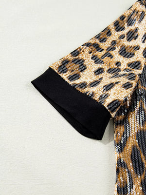 Sequin Leopard Pattern Short Sleeve Top in Leopard with sequin