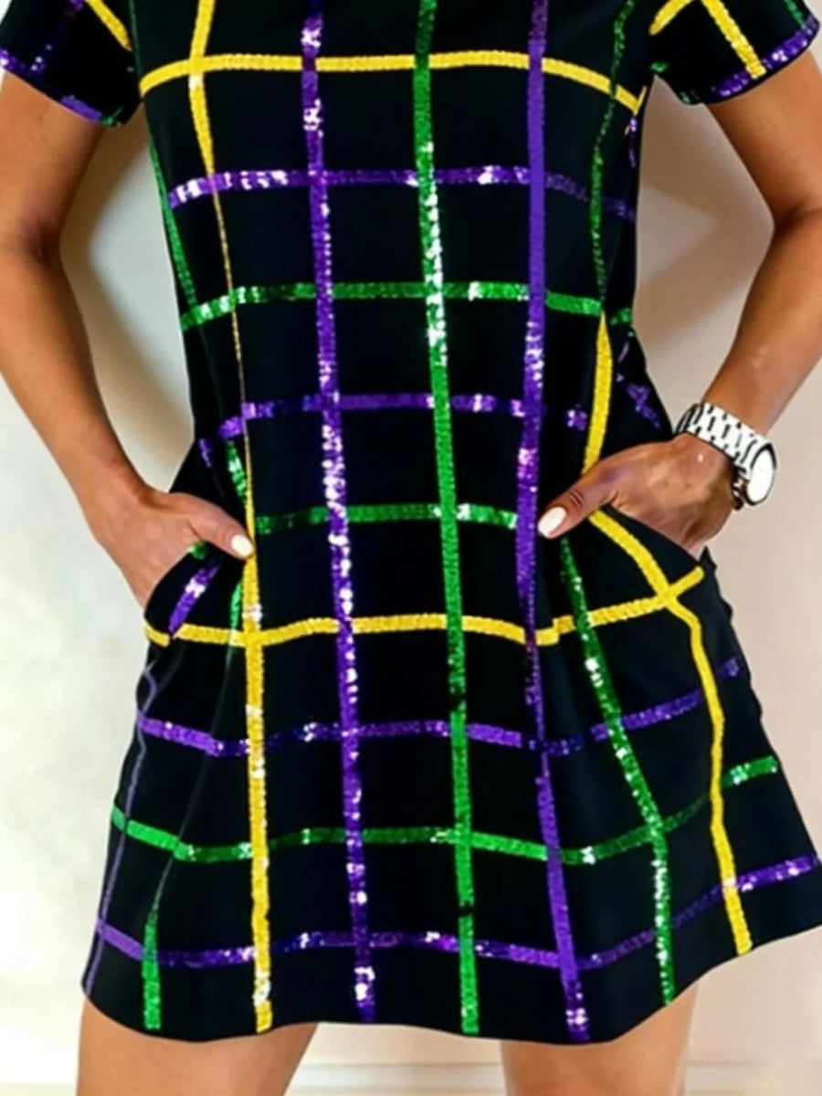 Full Size Plaid Short Sleeve Mini Dress in Multicolor