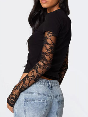 Black cropped t-shirt with lace sleeves and crew neck.