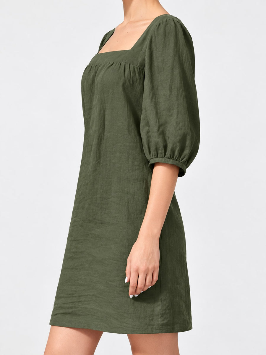 mini dress in olive green with seam detail and mini