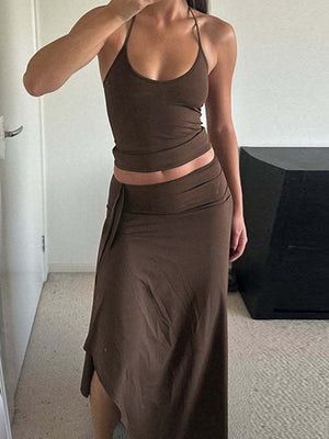 95% polyester, 5%spandex Care instructions: Machine wash cold tank top and maxi skirt set in Brown with fitted, slim