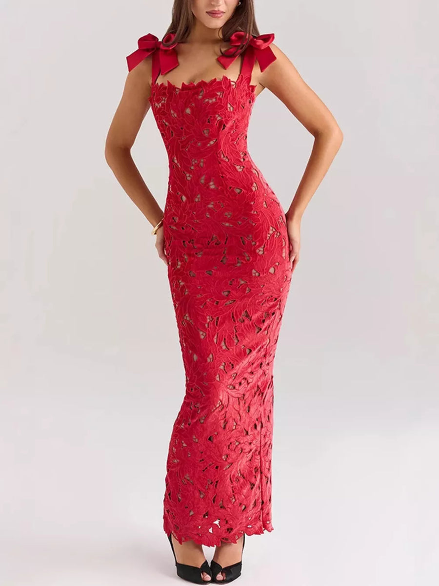 Red floral lace maxi dress with tie shoulder straps and cutout details.