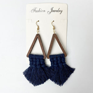 Macrame triangle tassel earrings in dark blue with wooden frames.