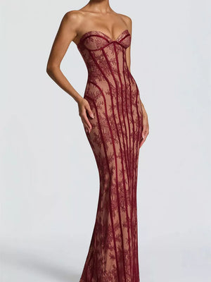 Burgundy lace sweetheart maxi dress with corset detail and sheer overlay