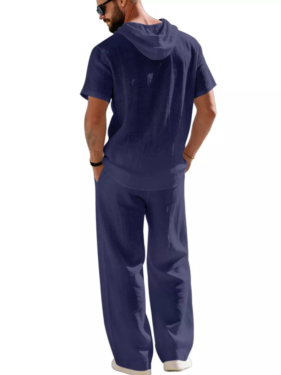 Men's Casual Hooded Short Sleeve Shirt & Pants Set in Navy with pocketed