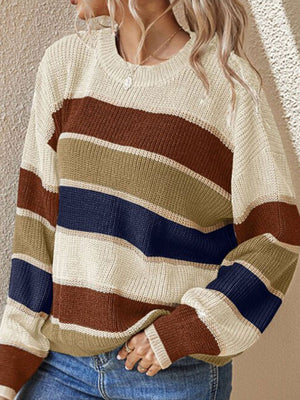 brown crewneck sweater featuring stretch and striped