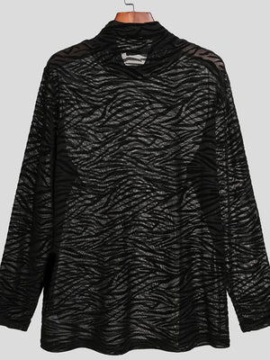Black sheer zebra-striped mock neck long sleeve top