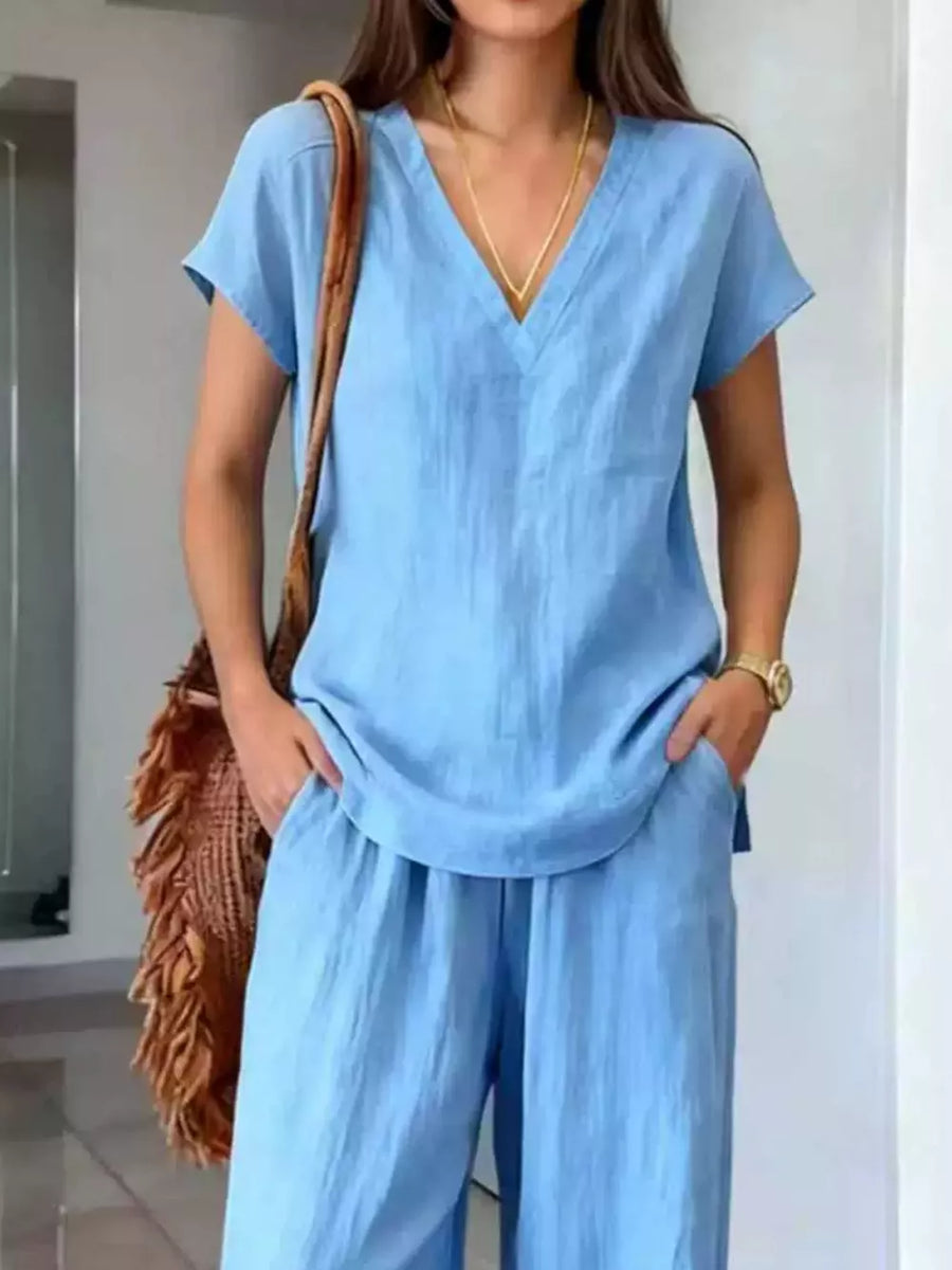Cyan Full Size V-neck Short Sleeve Top And Pants Set