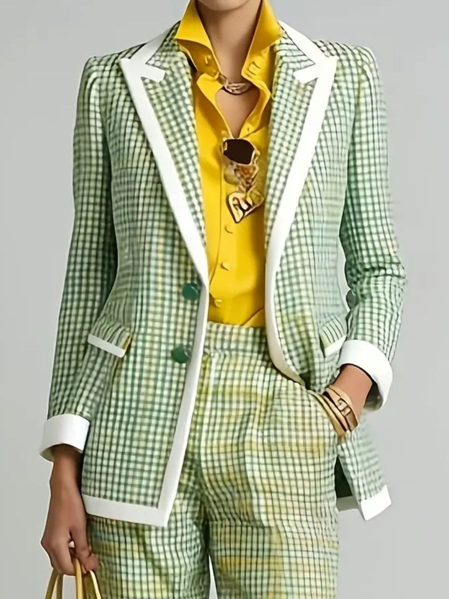 white suit set featuring buttoned and plaid