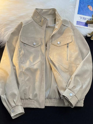 Men's Khaki bomber jacket with zip front, snap-button chest pockets, and elasticated cuffs.