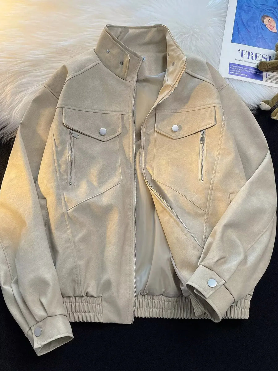 Men's Khaki bomber jacket with zip front, snap-button chest pockets, and elasticated cuffs.
